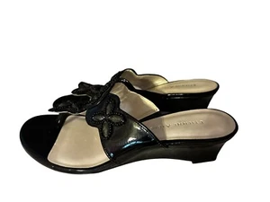 Etienne Aigner Black Sz 7.5M Beaded All Man Made Upper Low Wedge T Sandals EUC! - Picture 1 of 12