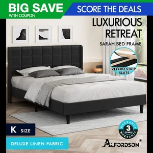 ALFORDSON Bed Frame King Size Upholstered Wingback Base Charcoal Fabric SARAH - Picture 1 of 11
