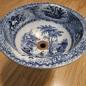Large Antique Blue & White Transfer Print Bowl Basin - Picture 1 of 18