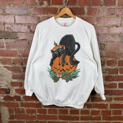 Sudadera De Colección Halloween Para Mujer 4X Blanca Negra Gato Calabaza Linda Hanes Años 90 Foto 1 de 4