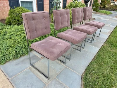 Set of 4 Milo Baughman Style Chrome Suede Dining Chairs 1970s - Image 1 of 4