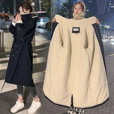Winter Women Fleece Warm Jacket Mid-length Over The Knee Padded Parka Coat - Image 1 of 4