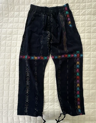 GUATAMALAN PANTS *S/M Black Woven Pull On Coloful Spider Trim Boho Festival Chic - Image 1 of 4