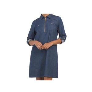 Ann Klein Medium Wash Denim Tabbed Sleeve Shirt Dress Gold Zipper Size 4 - Picture 1 of 11