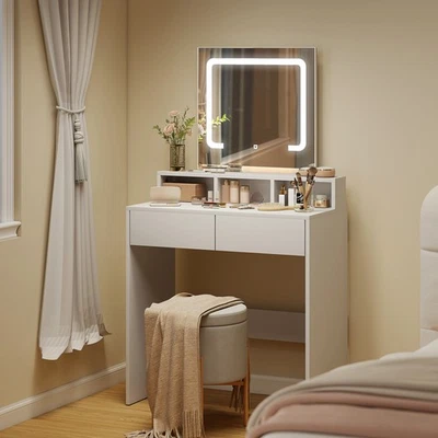 Vanity Desk with Mirror and LED Lights, Dressing Table with Drawers, White - Image 1 of 4