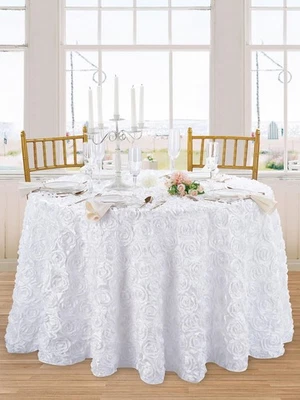 90 Inch White Rosette Round Tablecloths for Wedding Bridal Shower Birthday - Image 1 of 4