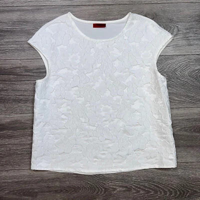 Blusa HUGO BOSS Blanca Manga Corta Jacquard Texturizada Floral Top Mujer L Foto 1 de 4