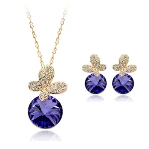  18K GOLD PLATED & GENUINE CZ & AUSTRIAN CRYSTAL PURPLE  NECKLACE & EARRING SET  - Picture 1 of 1