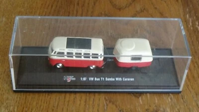 VW Bus T1 Samba with Caravan Red & White 1:87 Scale HF 9232 by High Speed - Image 1 of 4