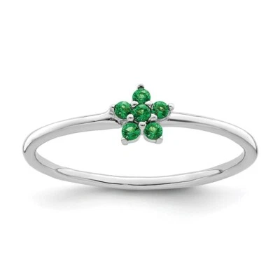 10K White Gold With Simulated Round Cut Emerald Flower Dainty Wedding Women Ring - Image 1 of 4