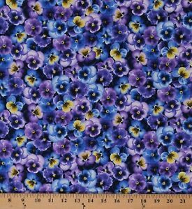 Cotton Pansies Pansy Flowers Floral Purple Blue Yellow Fabric Print BTY D587.58