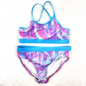 LANDS END Girls Swimsuit 2 Piece Bikini Size 14 Blue Pink Beach Pool Vacation - Picture 1 of 10