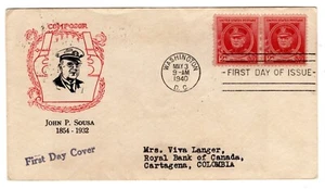 #880 John Philip Sousa Composer Famous American FDC 1940 to Cartagena Columbia - Picture 1 of 2