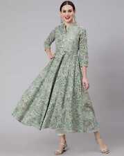 Indian Women Green Floral Print  Anarkali Kurta Kurti Dress Top Tunic Pakistani