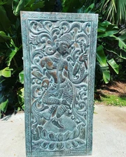 Vintage Fluting Krishna Kadambari Tree, Indian Door Carved Panel, Wall Sculpture