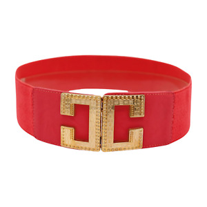 Women Coral Color Elastic Wide Band Fashion Belt Gold Metal C Buckle Size S M