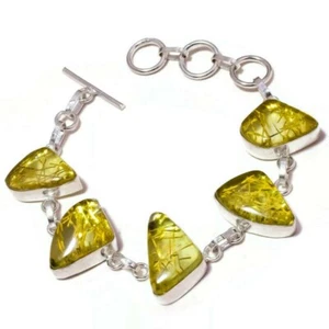 Golden Rutilated Quartz Gemstone Silver Overlay Handmade Adjustable Bracelet - Picture 1 of 14