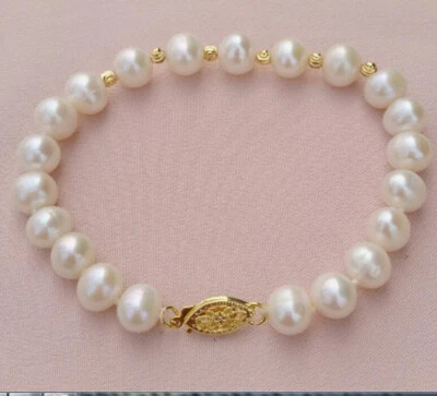 "Brazalete de perlas naturales redondas Akoya blancas AAA broche de oro amarillo de 14 k 7,5-8""" Foto 1 de 4