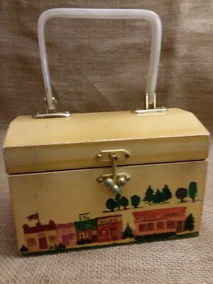 Bolsa caixa de madeira vintage pintada à mão cabo fosco - Imagem 1 de 4