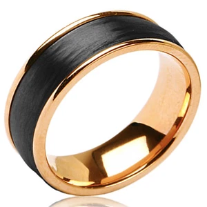 Anillo de fibra de carbono negro forjado de acero inoxidable oro rosa 8 mm | grabado gratuito - Imagen 1 de 1