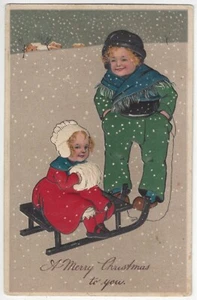 1909 PFB Published Christmas Postcard - Children on Snow Sled - Vintage Postcard - Picture 1 of 2