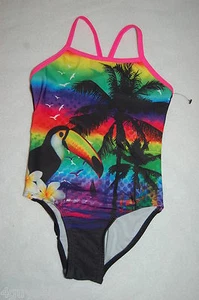 Girls 1 PC SWIMSUIT Black & Rainbow Sunset TROPICAL PALM TREES Tucan Bird XS 4-5 - Picture 1 of 2