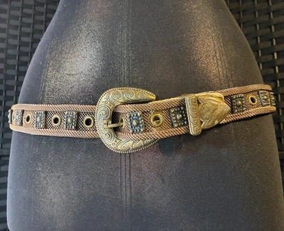 Vintage Dark GOLD MESH METAL WESTERN CHAIN BELT 28-36" Fit MEDIUM Bronze Buckle - Image 1 of 4