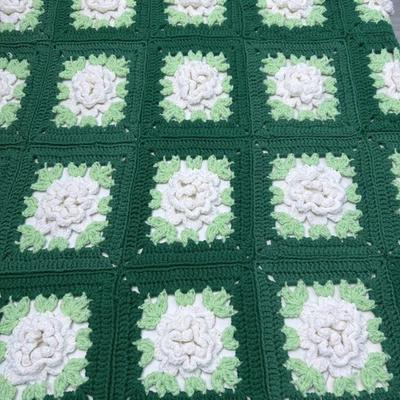 Handmade Crochet Afghan Throw 3D Flowers Granny Squares 79 x 44 Green White - Image 1 of 4