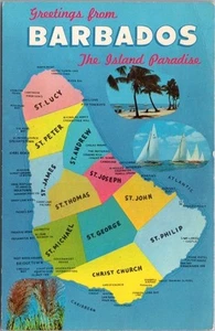 Mapa vintage de BARBADOS / Postal de saludos "The Island Paradise" Dexter cromado - Imagen 1 de 2
