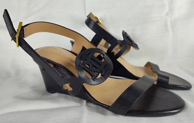 Sandalias Lauren Ralph Lauren Amilea de cuero negro con cuña talla 9,5 ST26 Foto 1 de 4