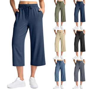 Women Casual Cotton And Linen Solid Drawstring Elastic Waist Long Straight Pants - Picture 1 of 30