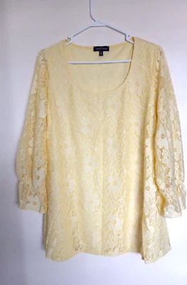 Blusa Top Mujer Marca Slinky 1X Encaje Floral Manga 3/4 Forrada Amarilla Foto 1 de 4