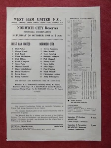 WHU v NORWICH CITY | 1984/1985 | RESERVES | 20 OCT 1984 | UK FREEPOST - Picture 1 of 2