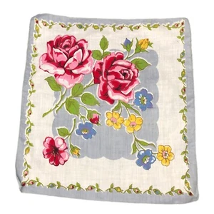 Vintage Handkerchief Woman’s Gray With Pink Roses 1950 , Boho, Hanky Linen 5220 - Picture 1 of 6