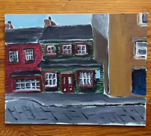 Quadro su tela arte popolare arte contemporanea outsider paesaggio città casa verde - Foto 1 di 3