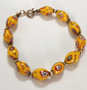 Vtg 50's Yellow Murano Millefiori Flower Glass Bead Bracelet Hand Knotted Italy - Picture 1 of 6
