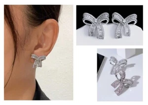 Cubic Zirconia Bow Decor Women's Stud Earring (#007) - Picture 1 of 7