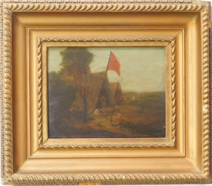 ÖLGEMÄLDE AUF HOLZ „LANDSCHAFT SOLDATEN LAGER" UM 1860 - Picture 1 of 4