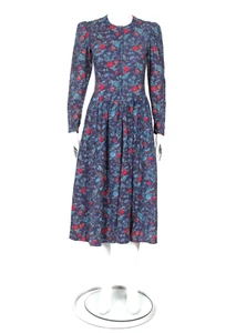 Vintage LAURA ASHLEY Blue Red Floral Corduroy Puff Shoulder Tea Dress sz 8 /245 - Picture 1 of 6