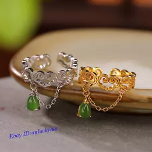 Real 925 Sterling Silver Charm Natural Green Jade Charm Ring Band - Picture 1 of 8