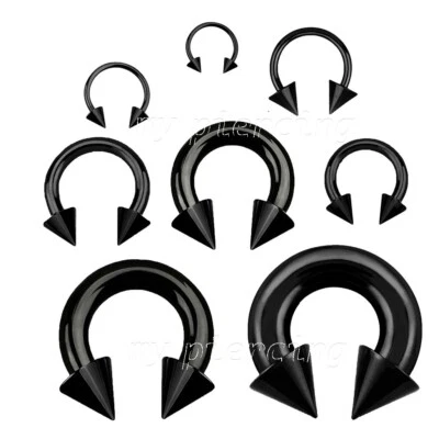 PAIR Black PVD Steel Spike Horseshoe Circular Barbell Ear Labret Septum 20G-2G - Image 1 of 2
