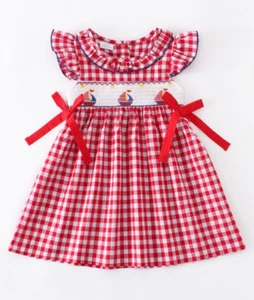 NEW Red Gingham Smocked Sailboat Dress Embroidered Pickles Picks Plus Great Gift - Picture 1 of 8