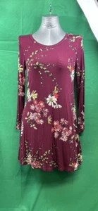 Popyoung Womens Top Size L Maroon Floral Jersey Rounded Collar Long Sleeve Tunic - Picture 1 of 7