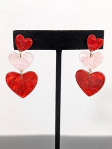 Red Pink Heart Earrings Lightweight Dangle Stacked Acrylic Swirl Pierced - Picture 1 of 6