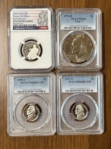 Lot 4 PCGS & NGC Graded Coins! 1976 MS64 Ike $1, 2025 PF69 25c, 1987 5c, 1989 5c - Picture 1 of 2