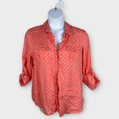 Charter Club Luxury Linen Pink Polka Dot Women's Blouse Roll Tab Sleeves XL - Image 1 of 4