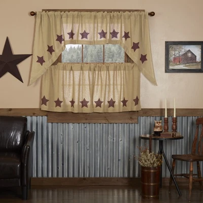 Juego de Arpillera Natural con Estrellas Borgoña (2 Swag 36x16; 2 Niveles 24x36) Marcas VHC Foto 1 de 4