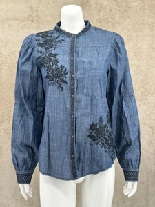 Sundance Top Women Small Lennon Denim Pearl Snap Embroidered Floral Boho Western - Picture 1 of 9