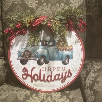 Pioneer Woman ~ Round ~ Wooden Plaque ~ HAPPY HOLIDAYS ~ Vintage Truck ~ Charlie - Image 1 of 4