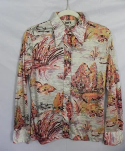 Vintage 70s womens TRY 1 Wearable Art Blouse Shirt sz M/L Earthy Outdoor Scene - Picture 1 of 8